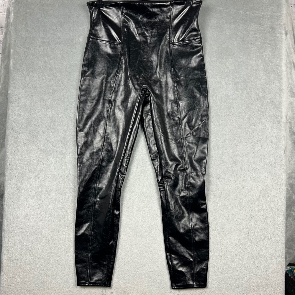 Spanx Black Faux Leather Patent Leggings High Waisted Shaping XL Goth Sexy Glam